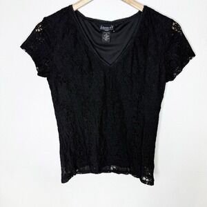 Biyaycda Black Lace Y2K V-neck Tee Shirt Top Lined Womens Medium‎ Whimsygoth
